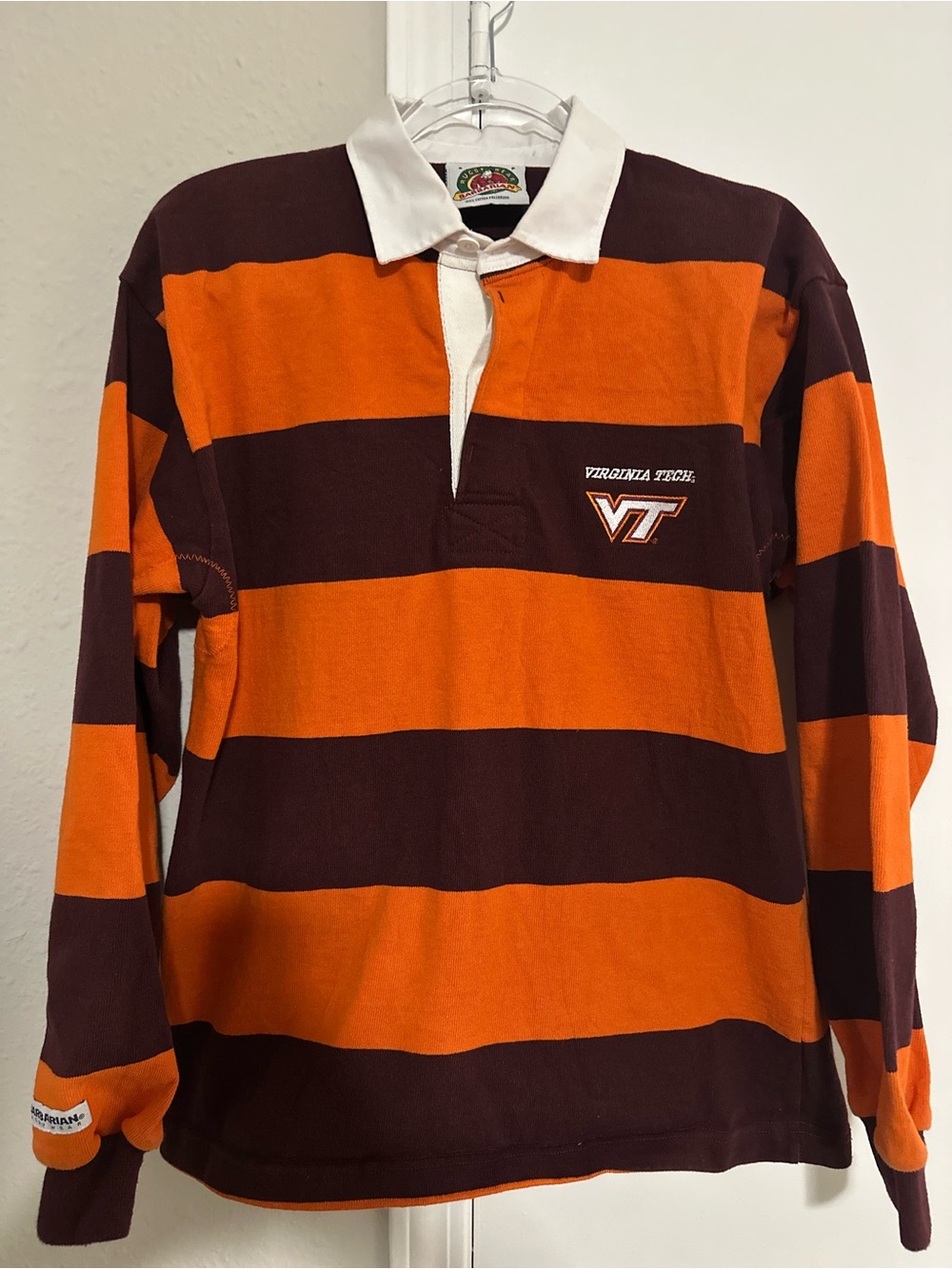 Y2K Virginia Tech Men's Orange & Maroon Striped Rugby Shirt size Small